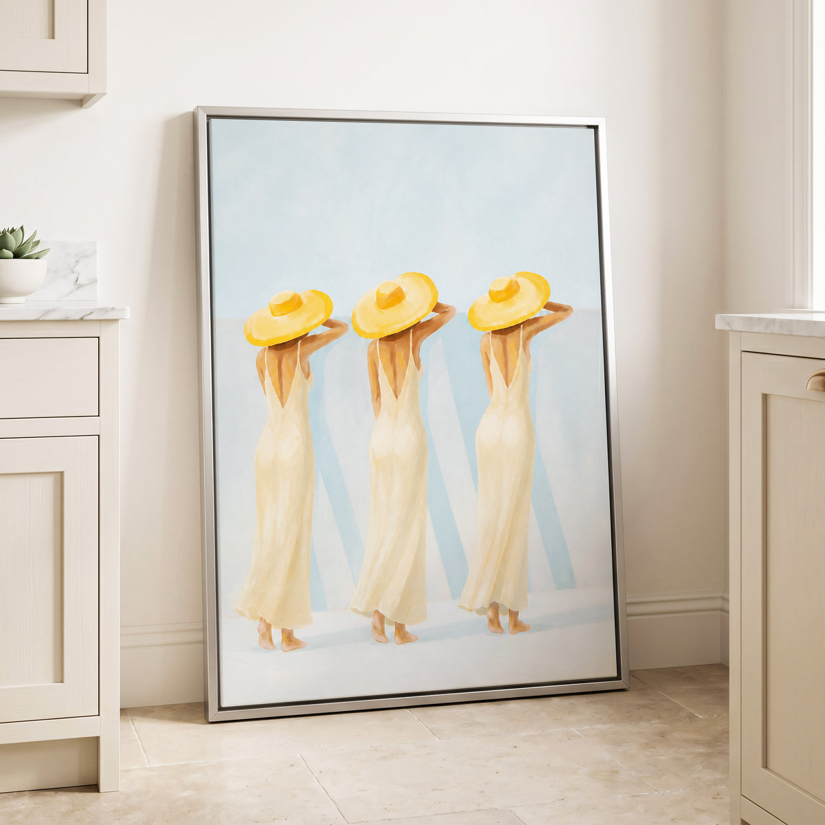 A Trio in Sunshine, blue, beige, yellow minimalist wall art displayed in a styled interior, gallery view 4