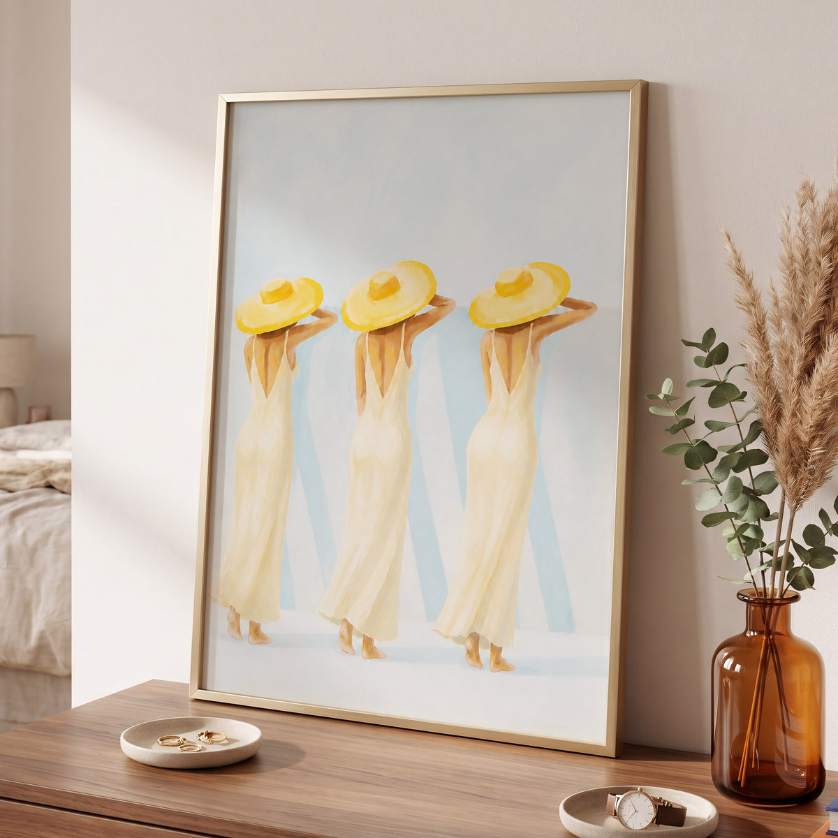 A Trio in Sunshine, blue, beige, yellow minimalist wall art displayed in a styled interior, gallery view 6