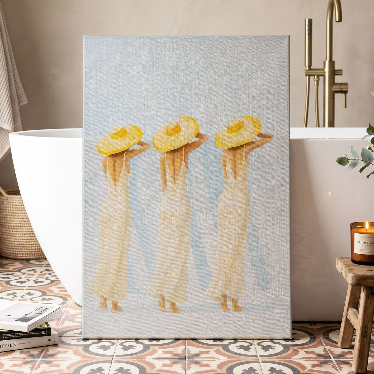 A Trio in Sunshine, blue, beige, yellow minimalist wall art displayed in a styled interior, gallery view 7