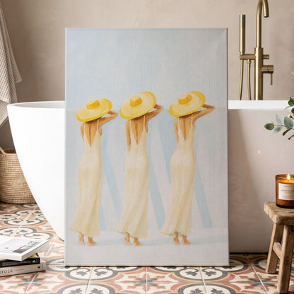A Trio in Sunshine, blue, beige, yellow minimalist wall art displayed in a styled interior, gallery view 7