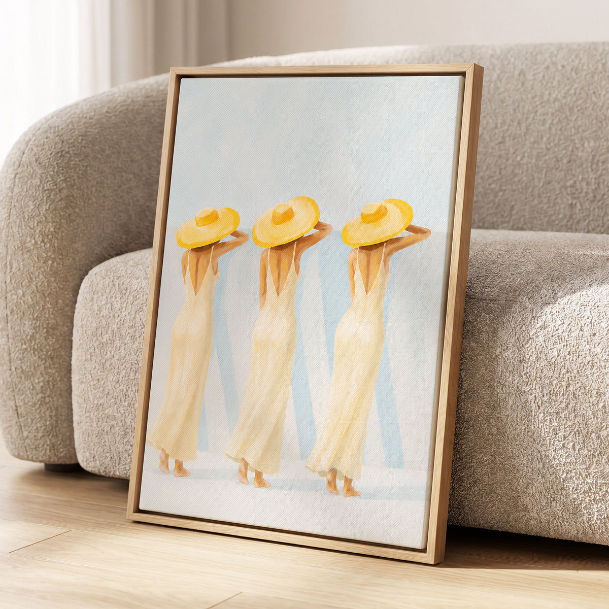 A Trio in Sunshine, blue, beige, yellow minimalist wall art displayed in a styled interior, gallery view 8