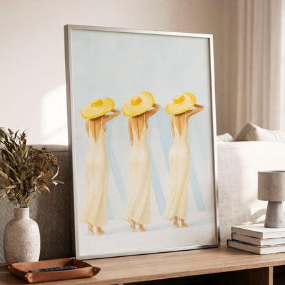 A Trio in Sunshine, blue, beige, yellow minimalist wall art displayed in a styled interior, gallery view 9