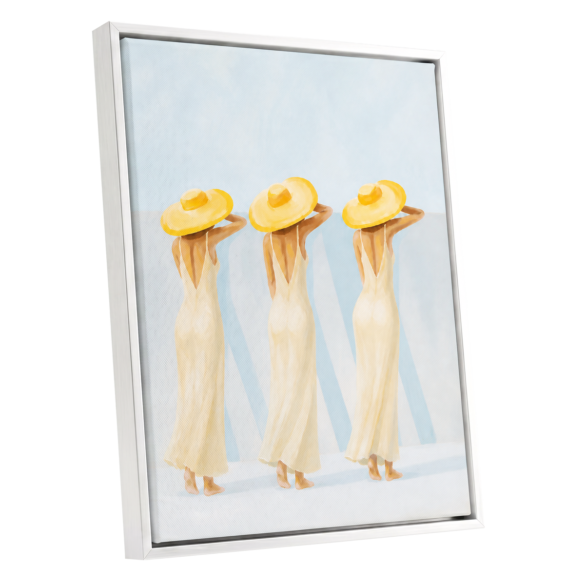 A Trio in Sunshine, blue, beige, yellow minimalist wall art shown as a white framed canvas wall art