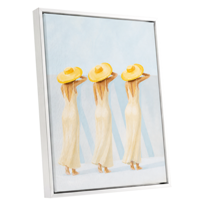 A Trio in Sunshine, blue, beige, yellow minimalist wall art shown as a white framed canvas wall art