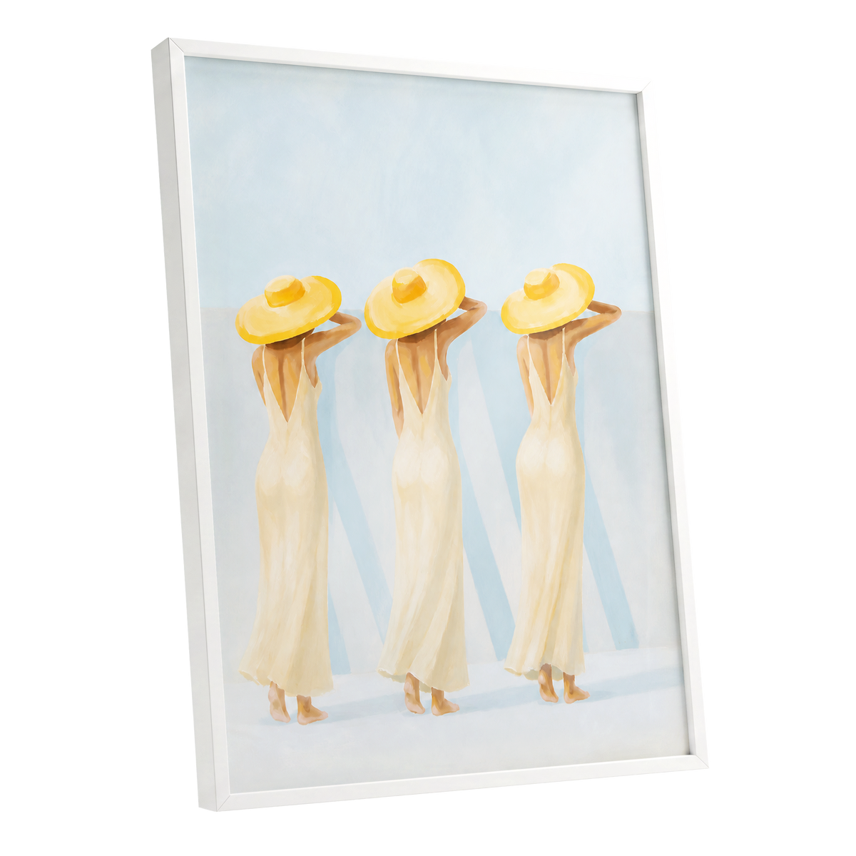 A Trio in Sunshine, blue, beige, yellow minimalist wall art shown as a white framed poster wall art print
