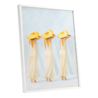 A Trio in Sunshine, blue, beige, yellow minimalist wall art shown as a white framed poster wall art print