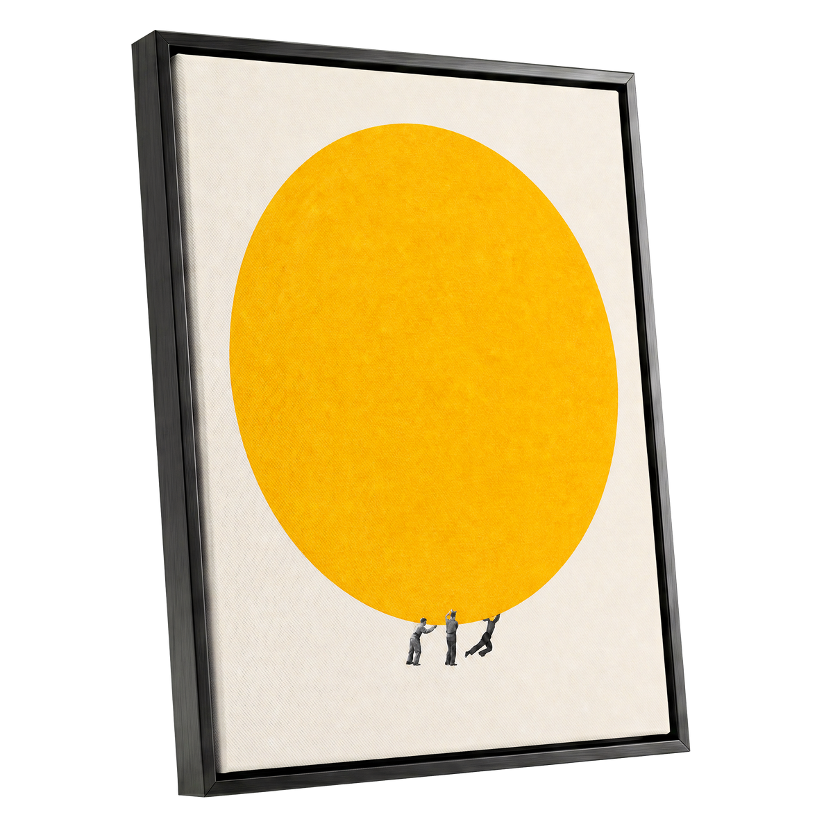 A Weight of Yellow, yellow, beige, gray minimalist wall art shown as a black framed canvas wall art