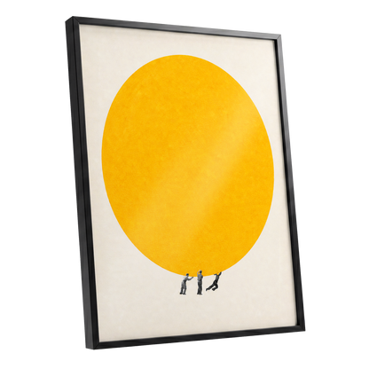 A Weight of Yellow, yellow, beige, gray minimalist wall art shown as a black framed poster wall art print
