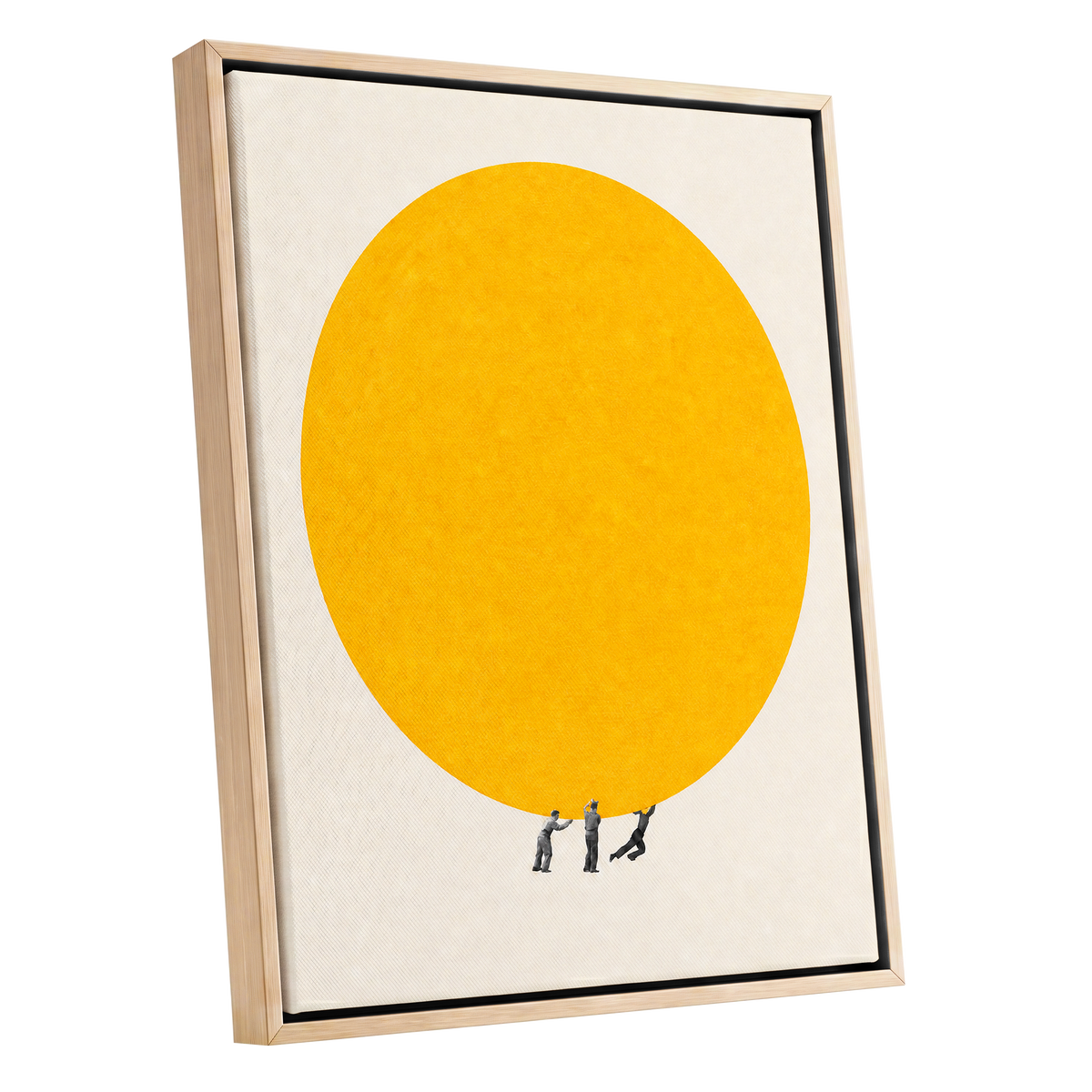 A Weight of Yellow, yellow, beige, gray minimalist wall art shown as a oak framed canvas wall art