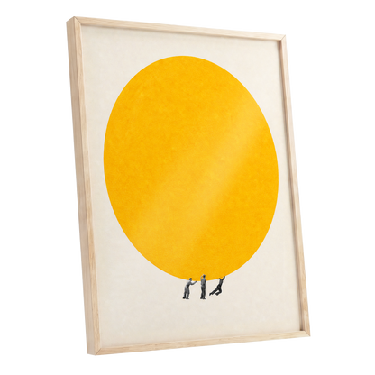 A Weight of Yellow, yellow, beige, gray minimalist wall art shown as a oak framed poster wall art print