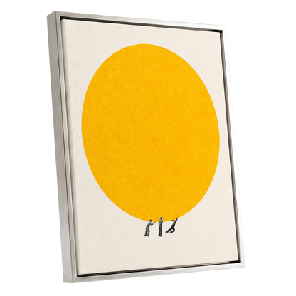 A Weight of Yellow, yellow, beige, gray minimalist wall art shown as a silver framed canvas wall art