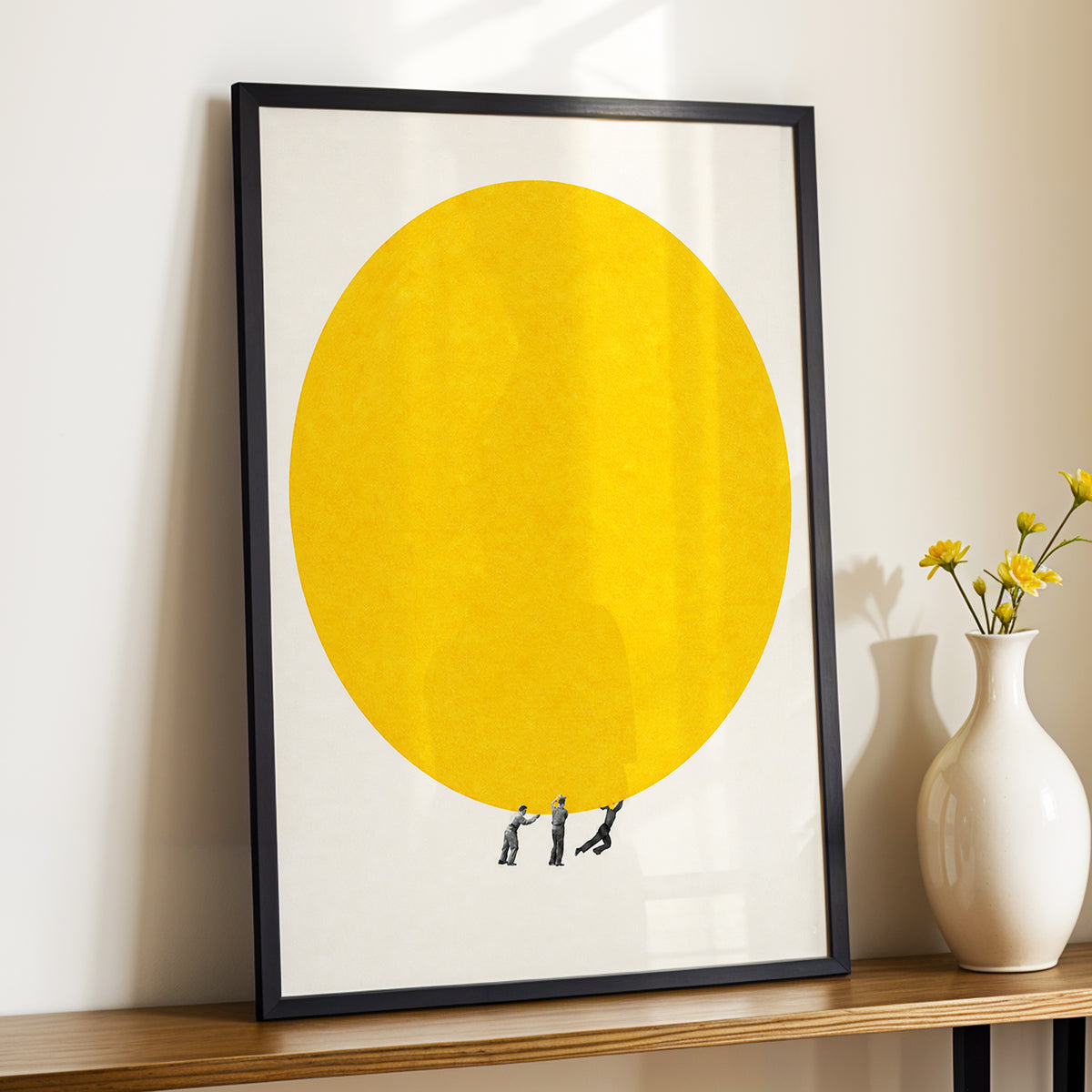A Weight of Yellow, yellow, beige, gray minimalist wall art displayed in a styled interior, gallery view 2