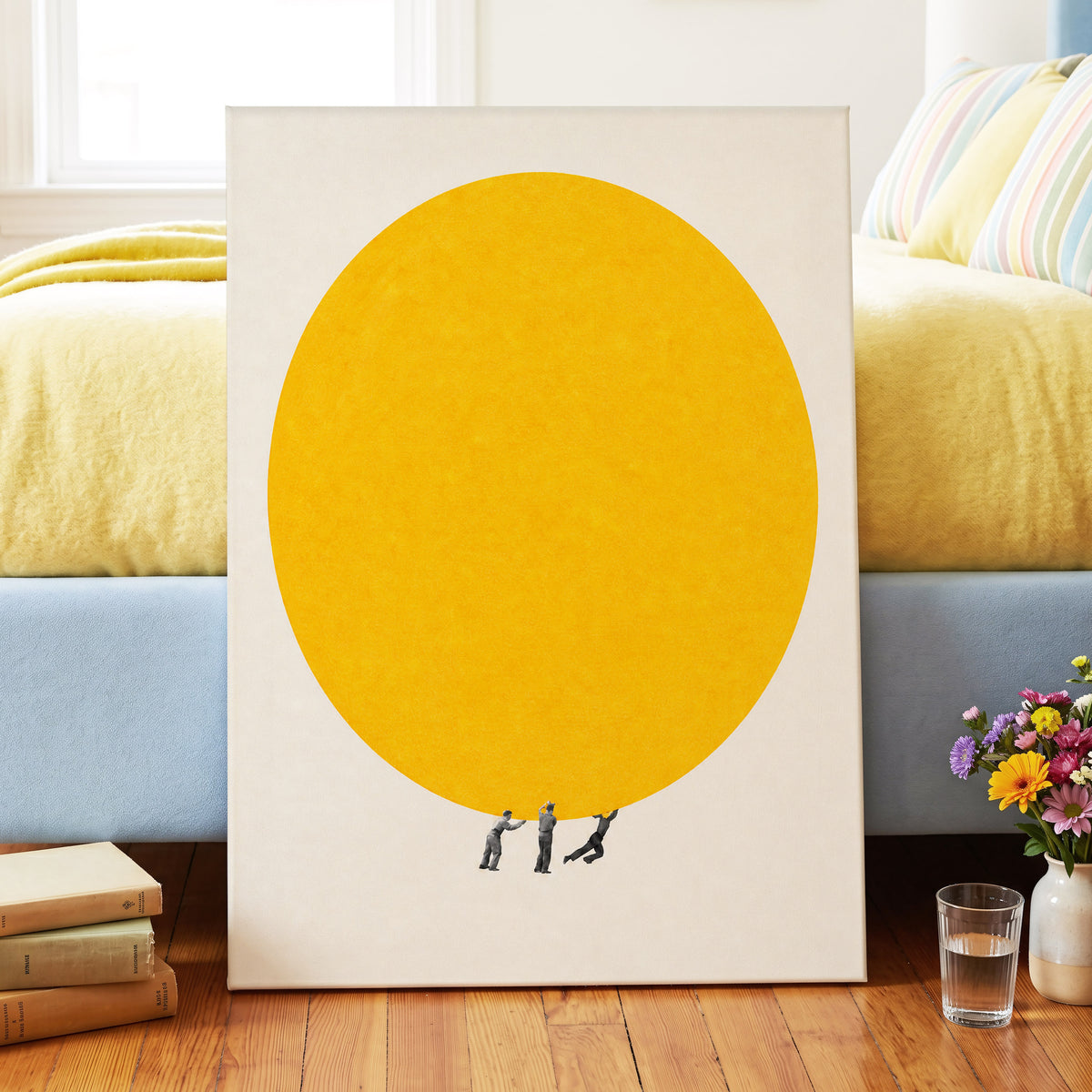 A Weight of Yellow, yellow, beige, gray minimalist wall art displayed in a styled interior, gallery view 3