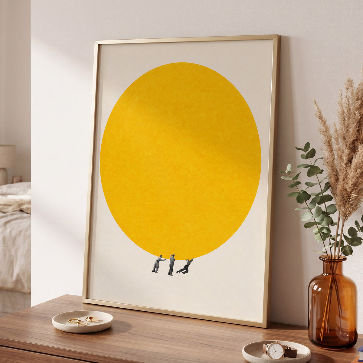 A Weight of Yellow, yellow, beige, gray minimalist wall art displayed in a styled interior, gallery view 6