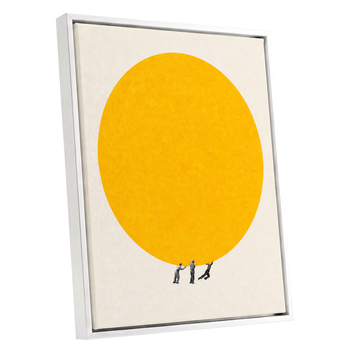A Weight of Yellow, yellow, beige, gray minimalist wall art shown as a white framed canvas wall art