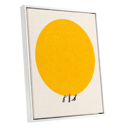 A Weight of Yellow, yellow, beige, gray minimalist wall art shown as a white framed canvas wall art