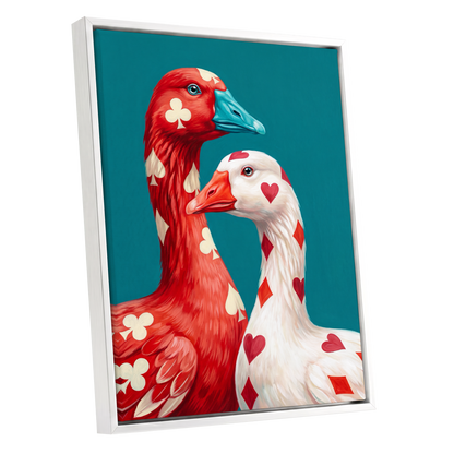 A Winning Pair, red, white, blue nature wall art shown as a white framed canvas wall art