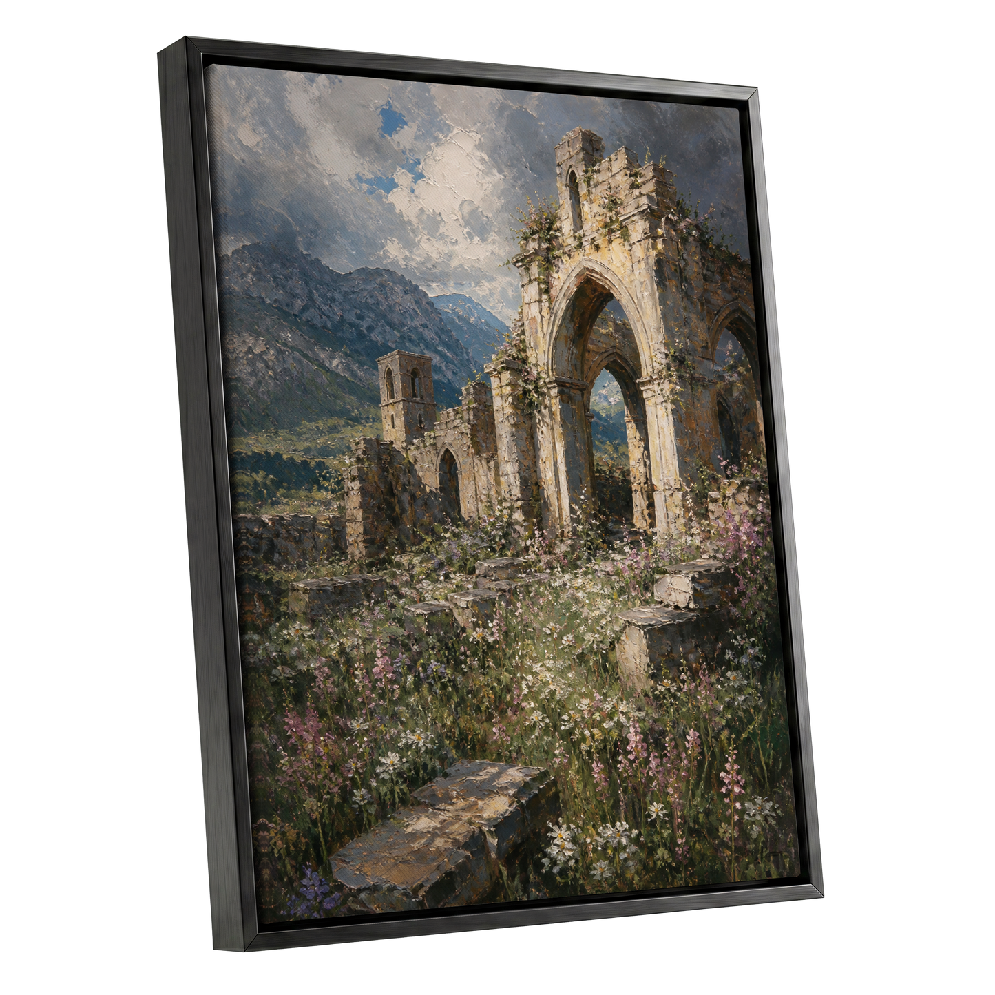 Abbey in the Wildflowers, green, beige, blue nature wall art shown as a black framed canvas wall art