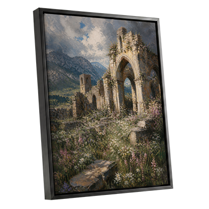 Abbey in the Wildflowers, green, beige, blue nature wall art shown as a black framed canvas wall art