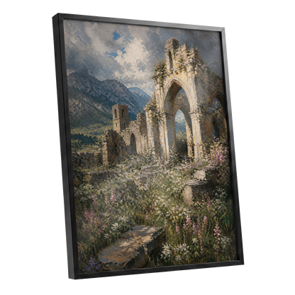 Abbey in the Wildflowers, green, beige, blue nature wall art shown as a black framed poster wall art print