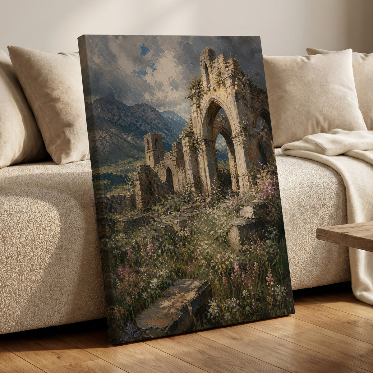 Abbey in the Wildflowers, green, beige, blue nature wall art on canvas displayed in a styled interior, gallery view 1