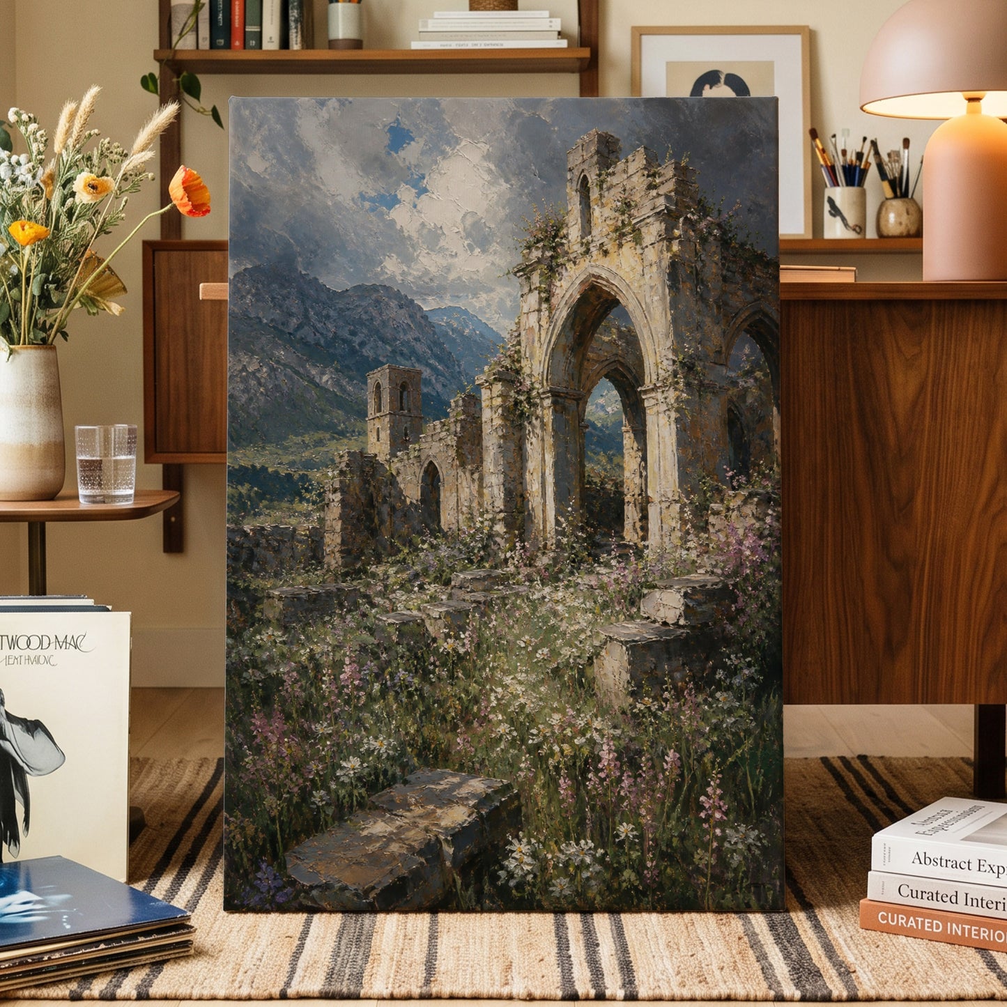 Abbey in the Wildflowers, green, beige, blue nature wall art on canvas displayed in a styled interior, gallery view 2