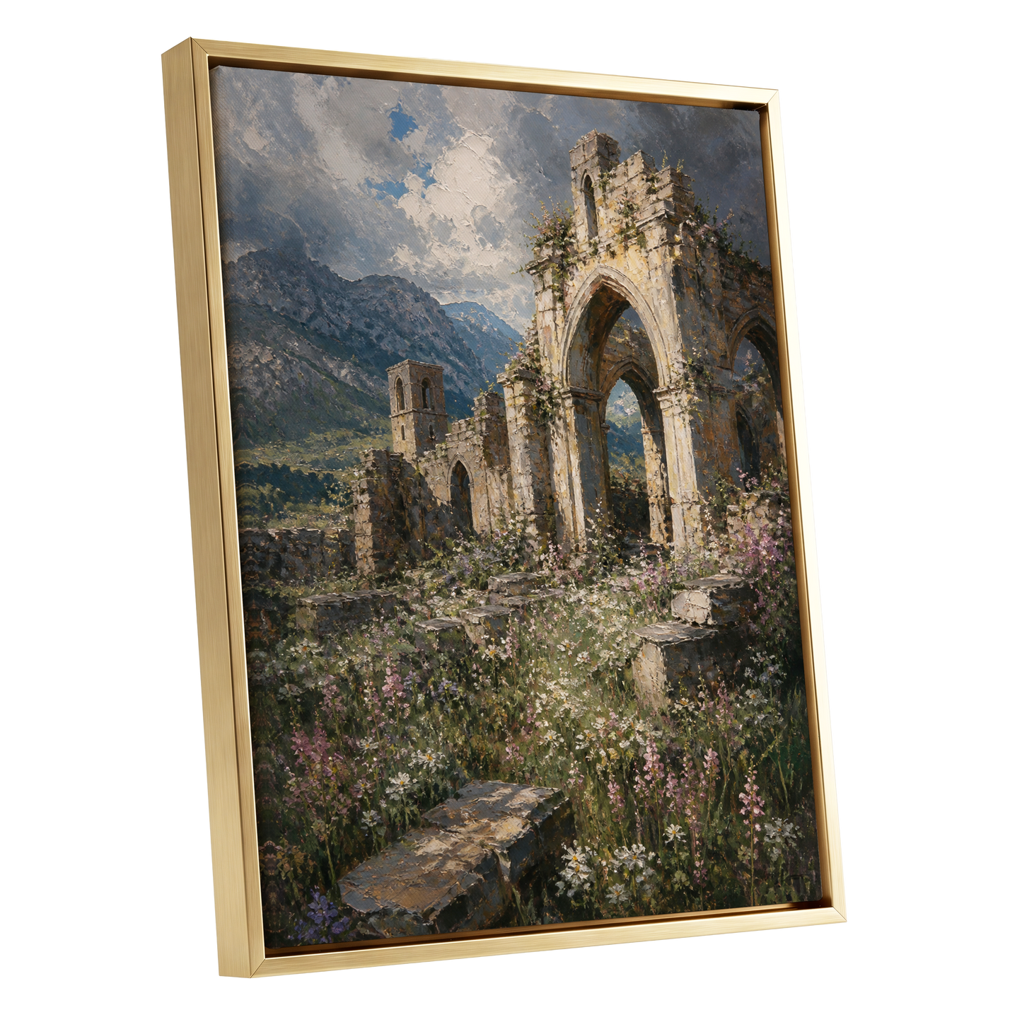 Abbey in the Wildflowers, green, beige, blue nature wall art shown as a gold framed canvas wall art