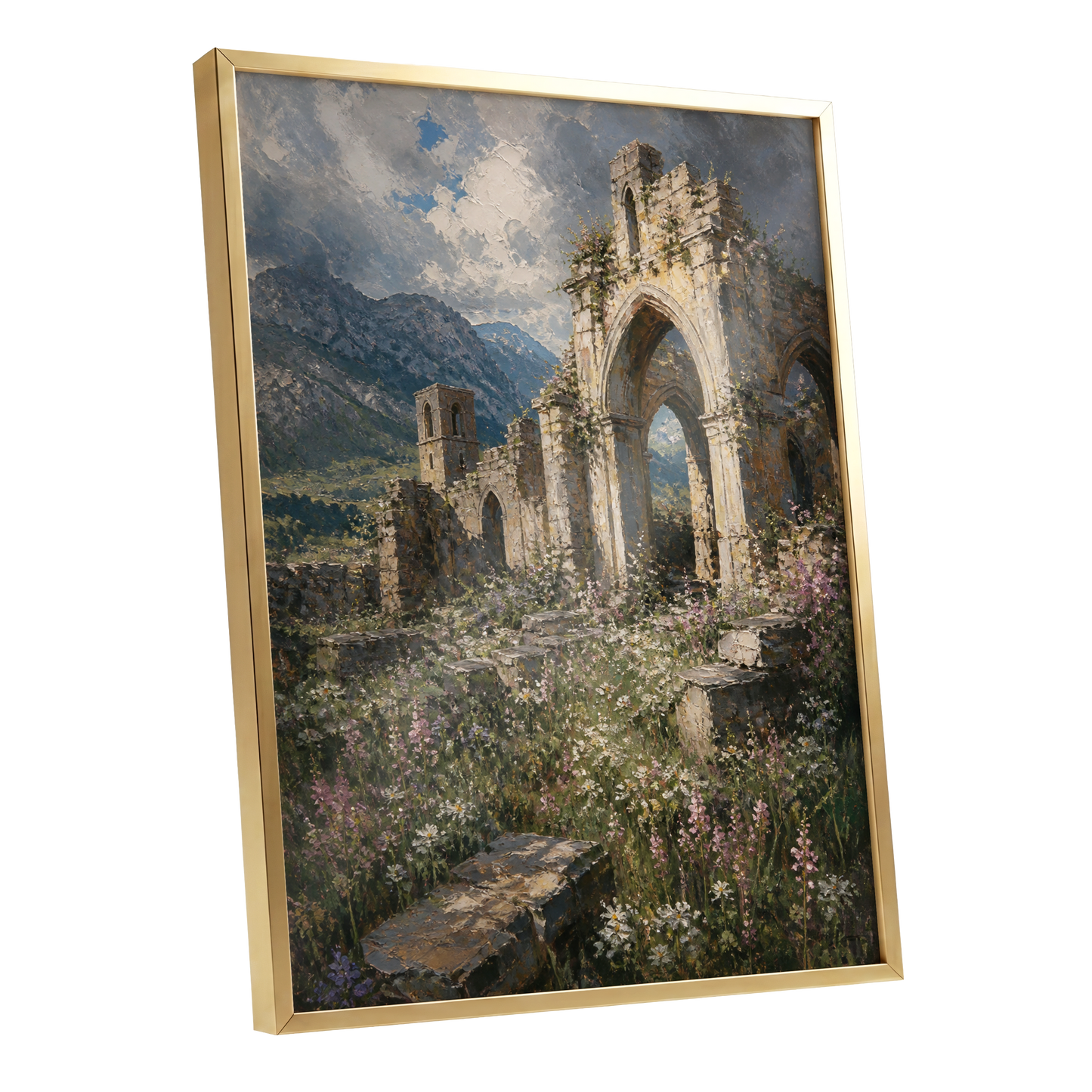 Abbey in the Wildflowers, green, beige, blue nature wall art shown as a gold framed poster wall art print