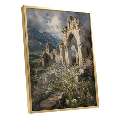 Abbey in the Wildflowers, green, beige, blue nature wall art shown as a gold framed poster wall art print