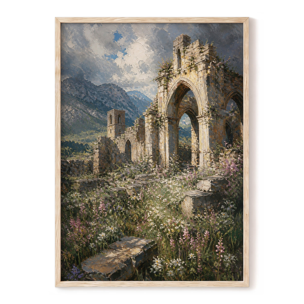 Abbey in the Wildflowers, green, beige, blue nature wall art, front artwork view