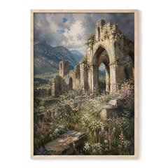 Abbey in the Wildflowers, green, beige, blue nature wall art, front artwork view