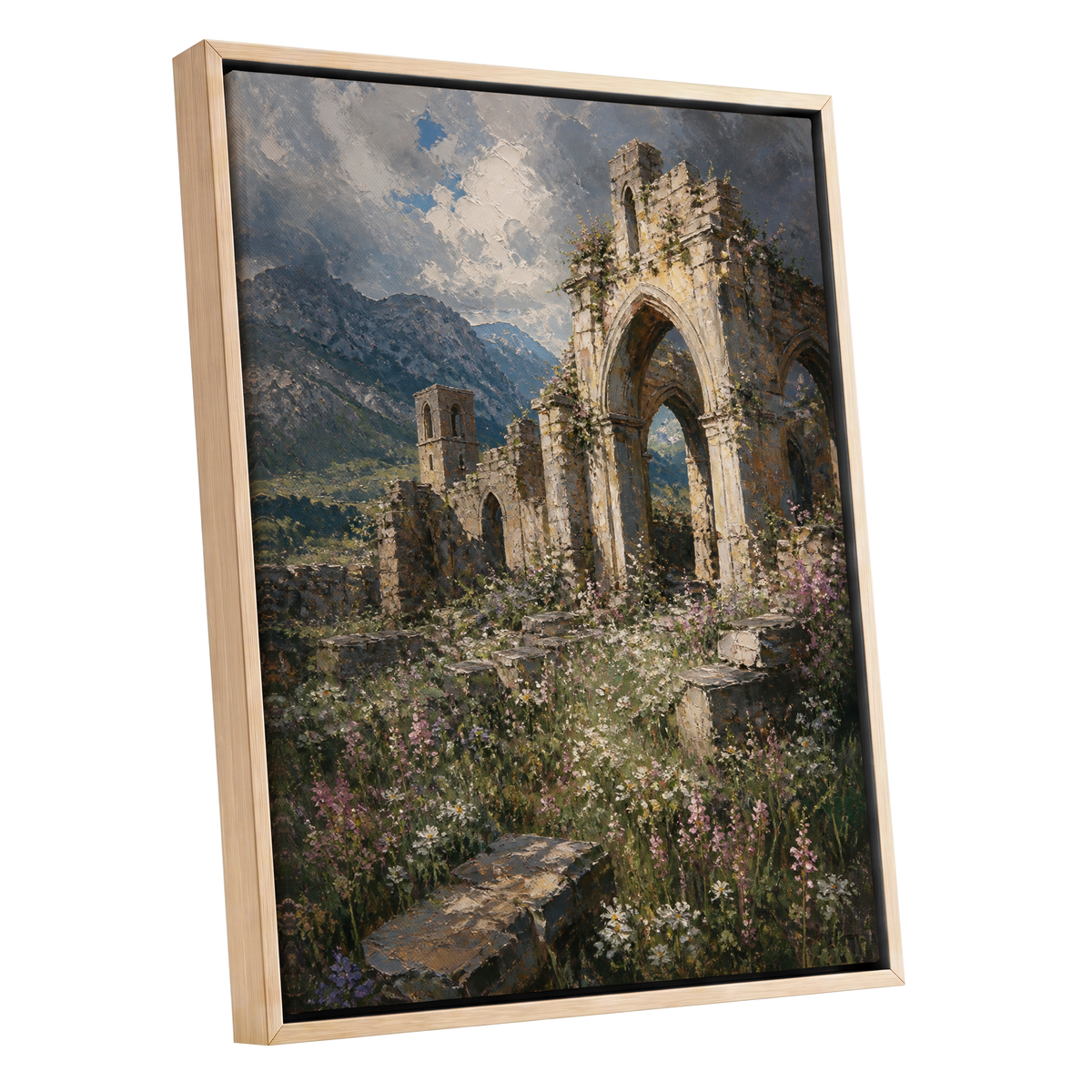 Abbey in the Wildflowers, green, beige, blue nature wall art shown as a oak framed canvas wall art