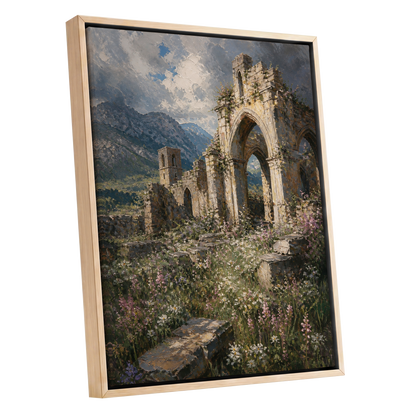 Abbey in the Wildflowers, green, beige, blue nature wall art shown as a oak framed canvas wall art