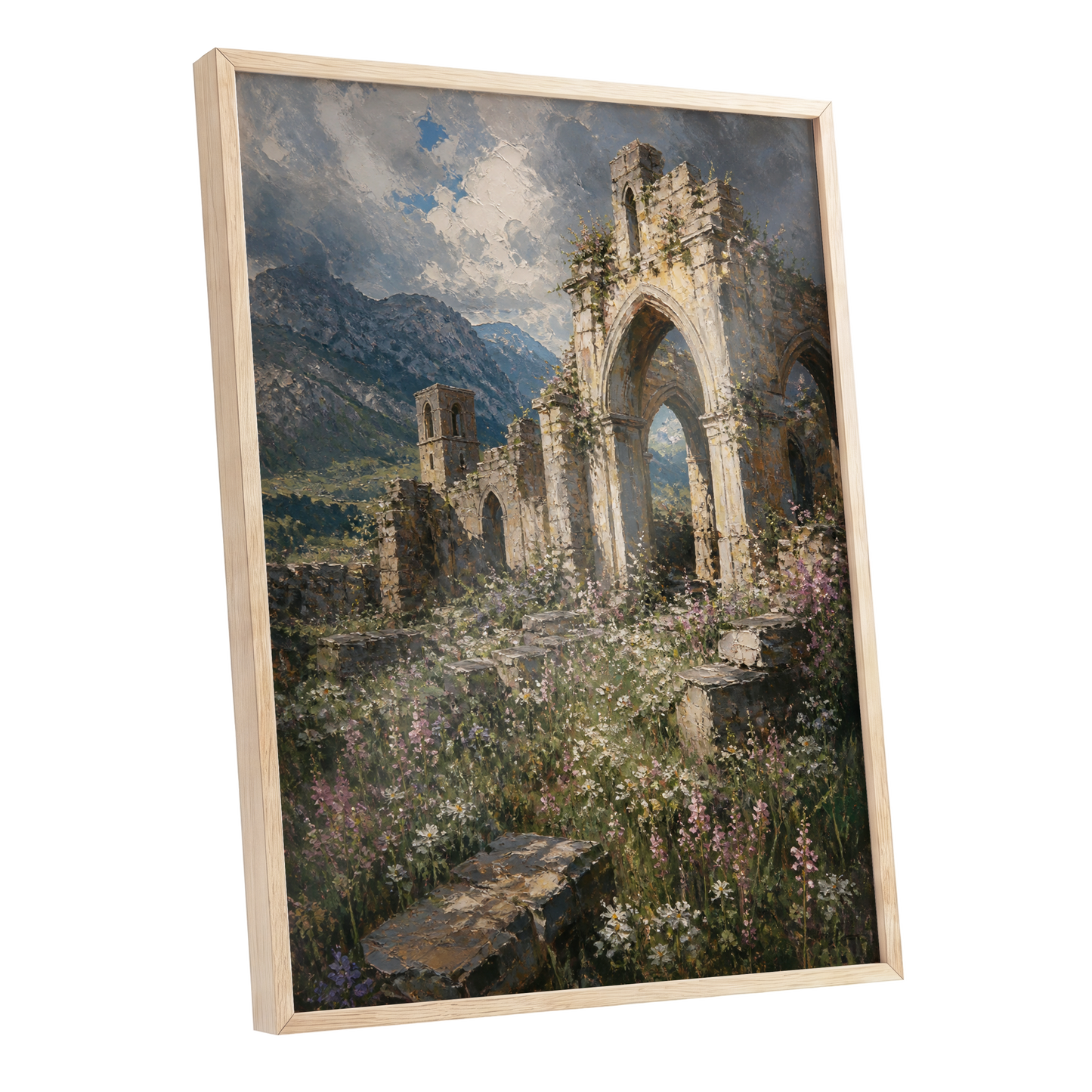 Abbey in the Wildflowers, green, beige, blue nature wall art shown as a oak framed poster wall art print