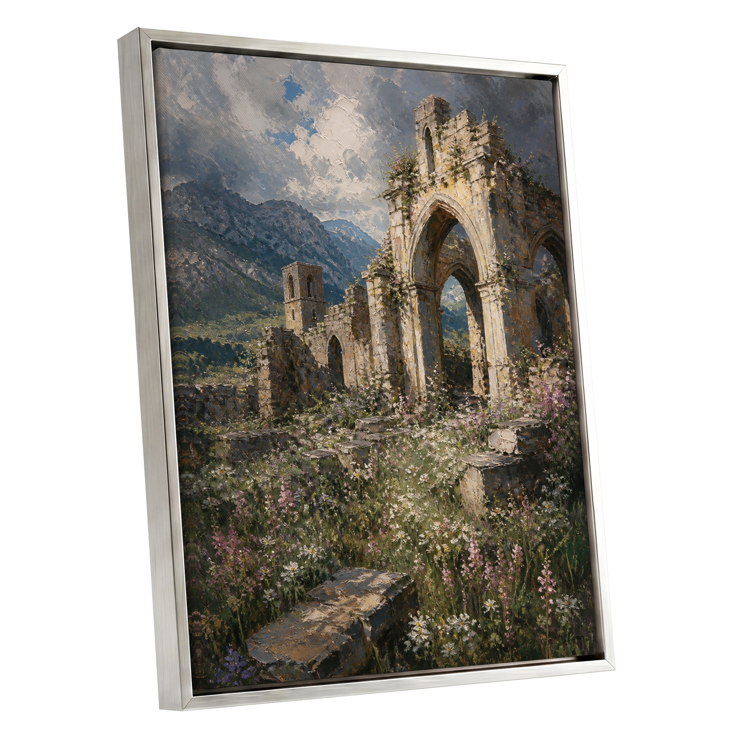 Abbey in the Wildflowers, green, beige, blue nature wall art shown as a silver framed canvas wall art