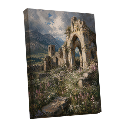 Abbey in the Wildflowers, green, beige, blue nature wall art shown as a stretched canvas wall art