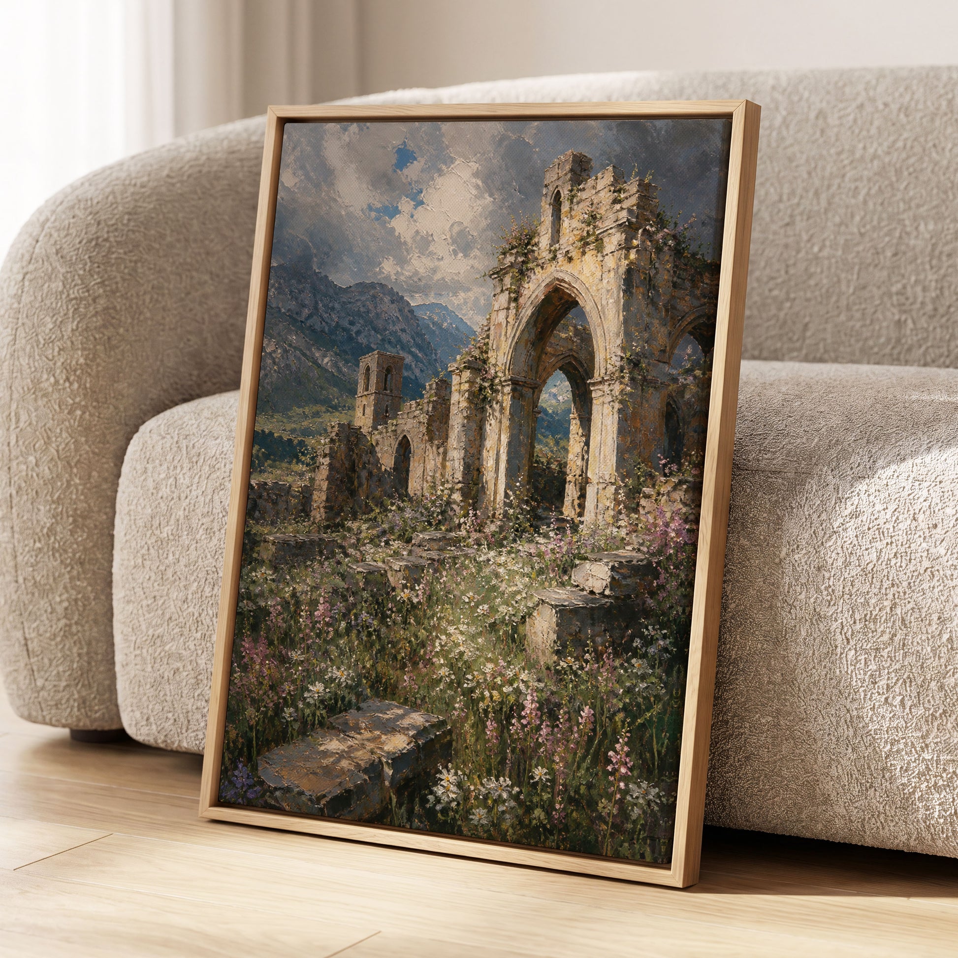 Abbey in the Wildflowers, green, beige, blue nature wall art displayed in a styled interior, gallery view 1