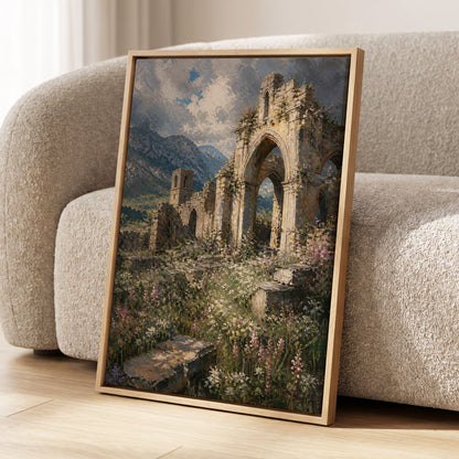 Abbey in the Wildflowers, green, beige, blue nature wall art displayed in a styled interior, gallery view 1