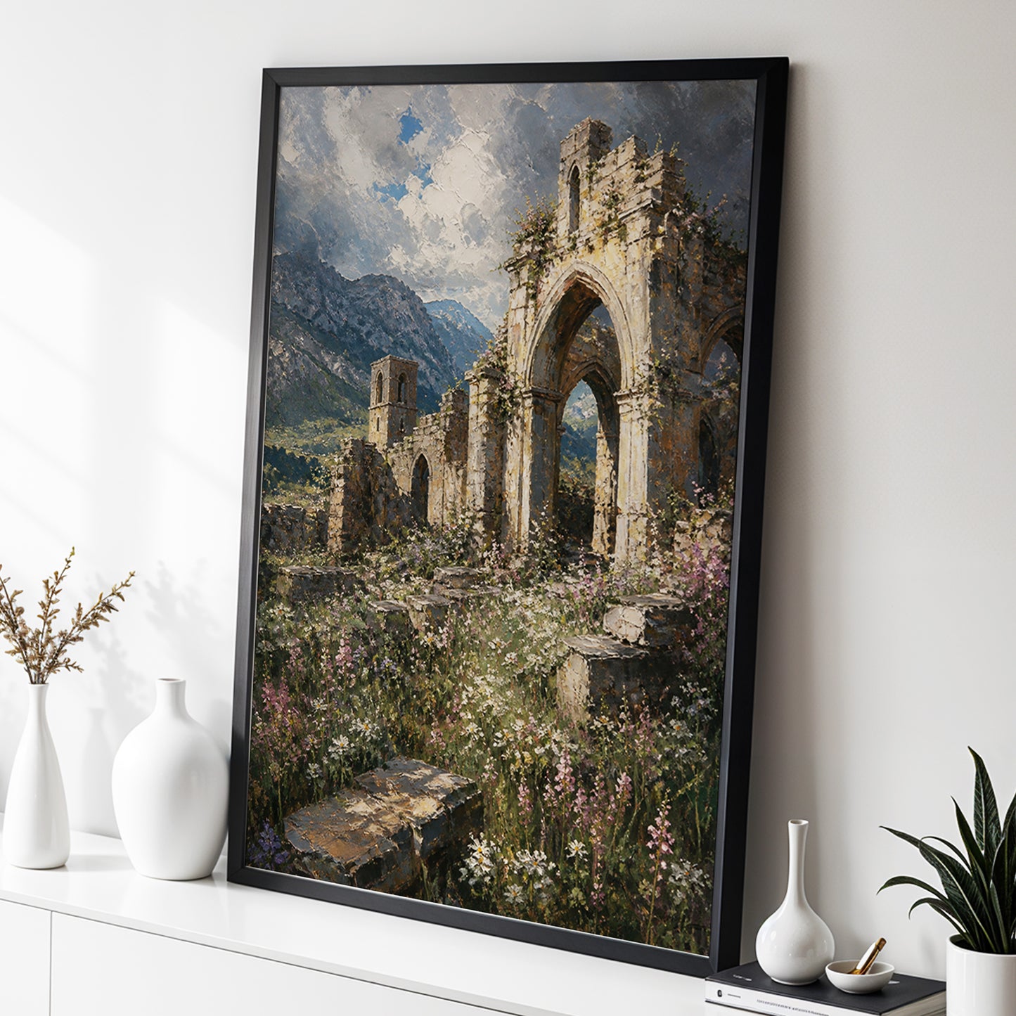 Abbey in the Wildflowers, green, beige, blue nature wall art displayed in a styled interior, gallery view 2