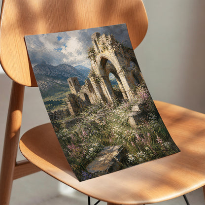 Abbey in the Wildflowers, green, beige, blue nature wall art displayed in a styled interior, gallery view 3