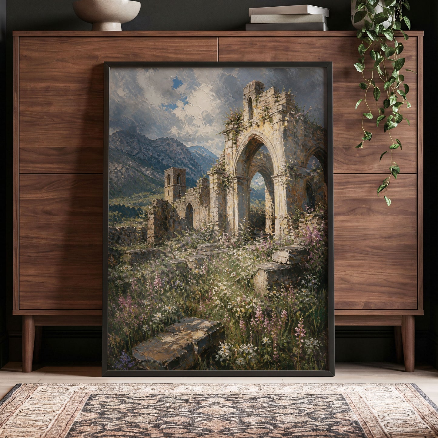 Abbey in the Wildflowers, green, beige, blue nature wall art displayed in a styled interior, gallery view 4