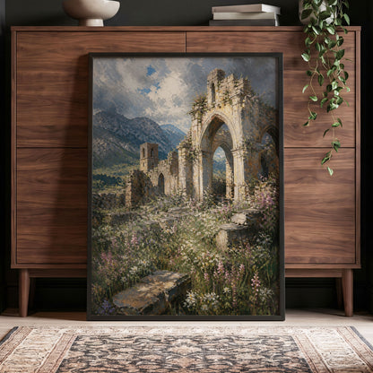 Abbey in the Wildflowers, green, beige, blue nature wall art displayed in a styled interior, gallery view 4