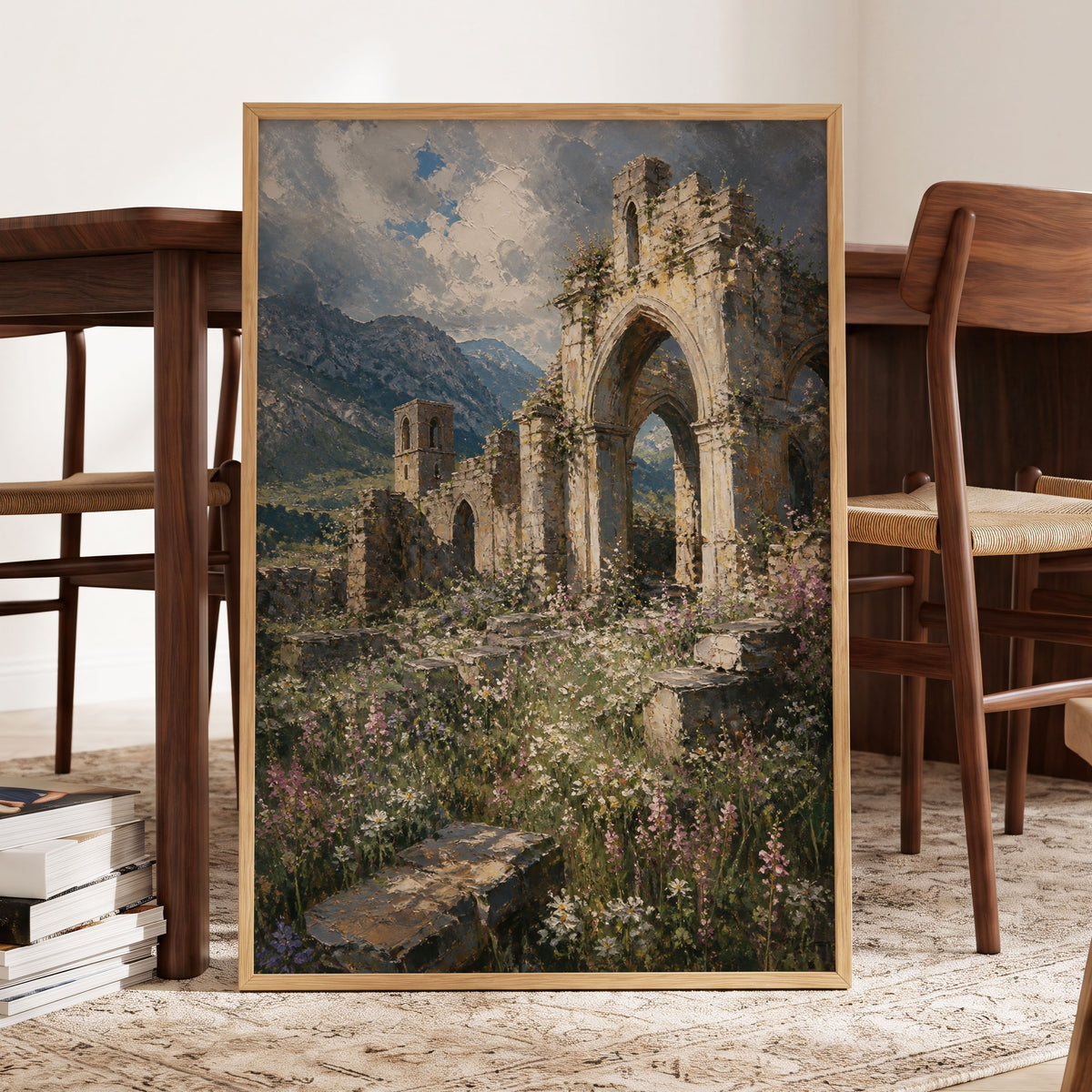 Abbey in the Wildflowers, green, beige, blue nature wall art displayed in a styled interior, gallery view 5