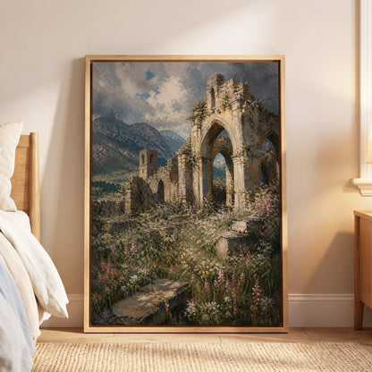Abbey in the Wildflowers, green, beige, blue nature wall art displayed in a styled interior, gallery view 6