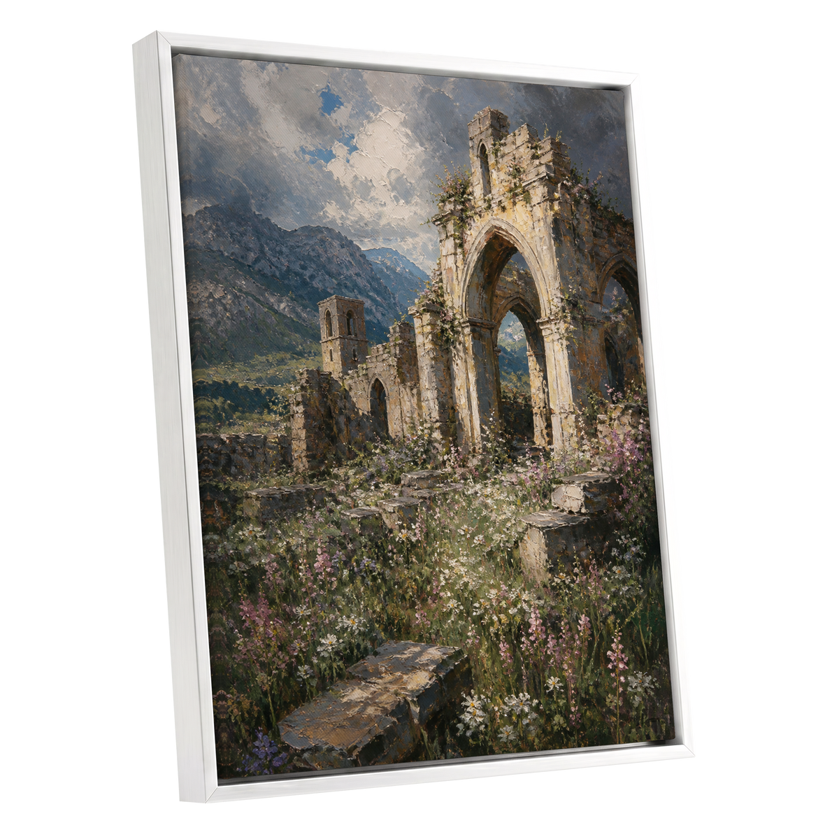 Abbey in the Wildflowers, green, beige, blue nature wall art shown as a white framed canvas wall art