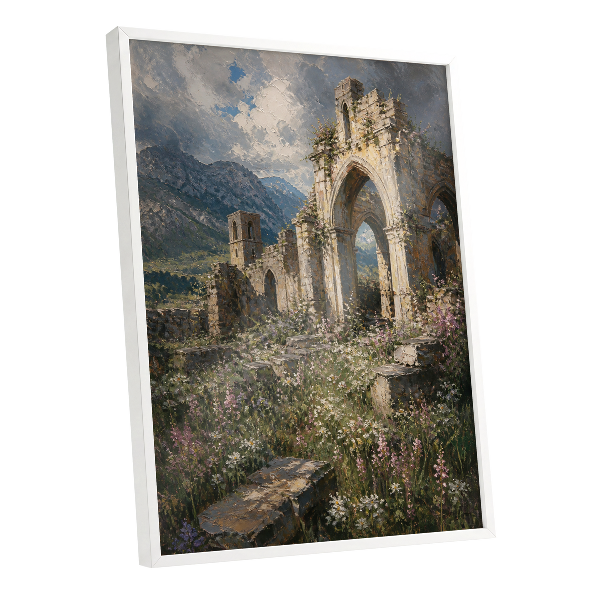 Abbey in the Wildflowers, green, beige, blue nature wall art shown as a white framed poster wall art print