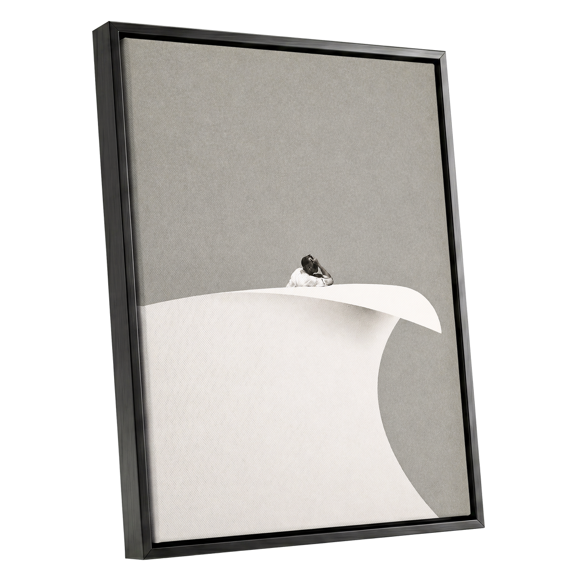 Above the Quiet Curve, gray, white, beige minimalist wall art shown as a black framed canvas wall art