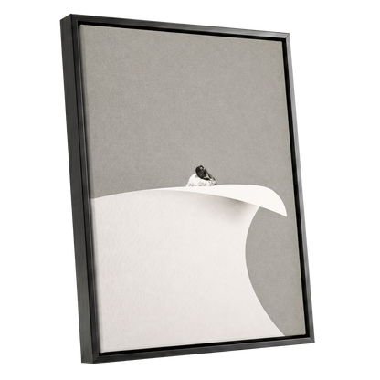 Above the Quiet Curve, gray, white, beige minimalist wall art shown as a black framed canvas wall art