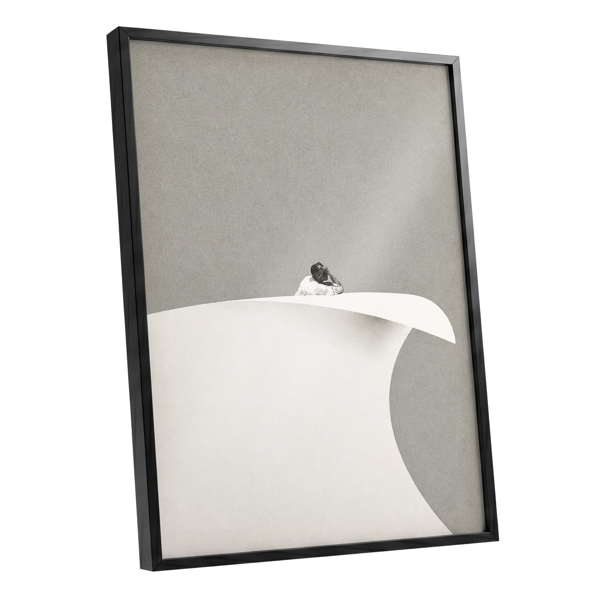 Above the Quiet Curve, gray, white, beige minimalist wall art shown as a black framed poster wall art print