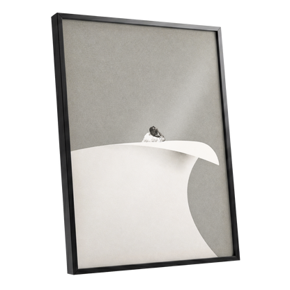 Above the Quiet Curve, gray, white, beige minimalist wall art shown as a black framed poster wall art print